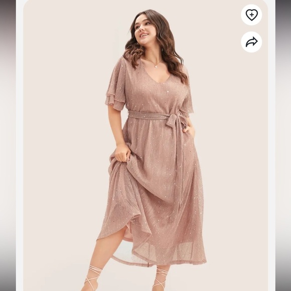 BloomChic Plus Size 4XL Plain V Neck Mesh Pocket Ruffle Tiered Belted Midi Dress - Picture 2 of 6